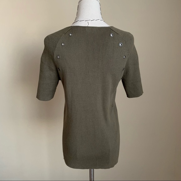 AKRIS Punto Olive Ribbed Cotton Knit Short Sleeve Tee Grommets - Picture 5 of 10